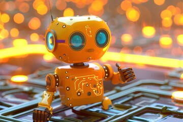 Fototapeta premium Adorable 3D Cartoon Robot with Circuit Patterns and Minimalist Design