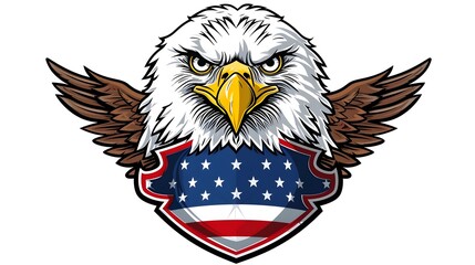 Fototapeta premium Bald Eagle Silhouette with American Flag Shield Emblem for Patriotic Apparel Design