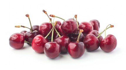 Cherry berries ripe fresh harvest group on isolated white background close-up 