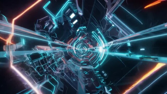 Black, futuristic abstract light background with a fractal pattern evokes a sense of digital technology and scientific exploration