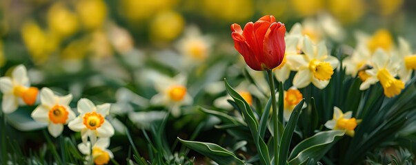 Fototapeta premium a red tulip among several daisies