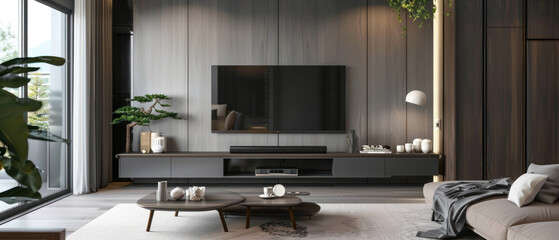 Fototapeta premium Modern Minimalist Living Room with Stylish TV Unit and Elegant Decor