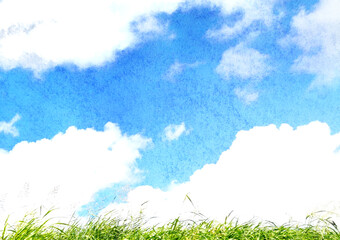 水彩風の夏らしい草と空の風景写真