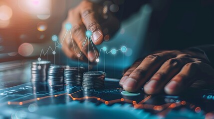 Interest rate and dividend concept, Businessman touching analyzing the economic growth graph for investment growth. business financial investment, business growth, income, marketing and profit 