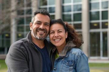 Obraz premium Portrait of a cheerful latino couple in their 30s wearing a thermal fleece pullover over modern university campus background