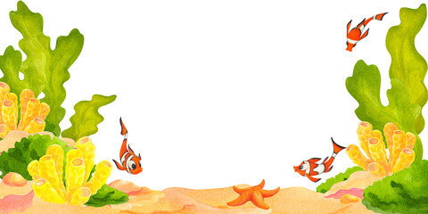 Watercolor illustration of a horizontal board with marine coral reef life. Cartoon Bottom frame or border with corals, seaweeds, starfish and tropical fish for travel banner, card, label, packaging © SashaSavelyeva_Art
