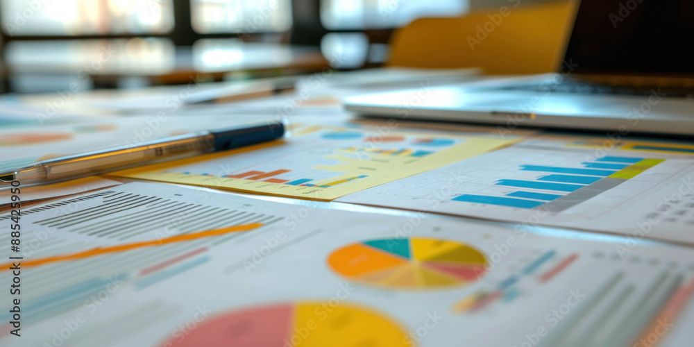 Poster corporate analysis. business documents and graphs scattered on workspace table