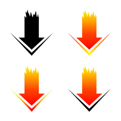 An arrow that burns like a flame. Pointing downward. Download or price reduction, discount.