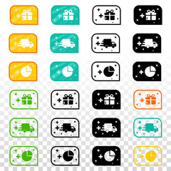 Advertising icons. Gifts, delivery and credit. Set of icons. Orange, blue, white and black colors.Filled or with transparent background.