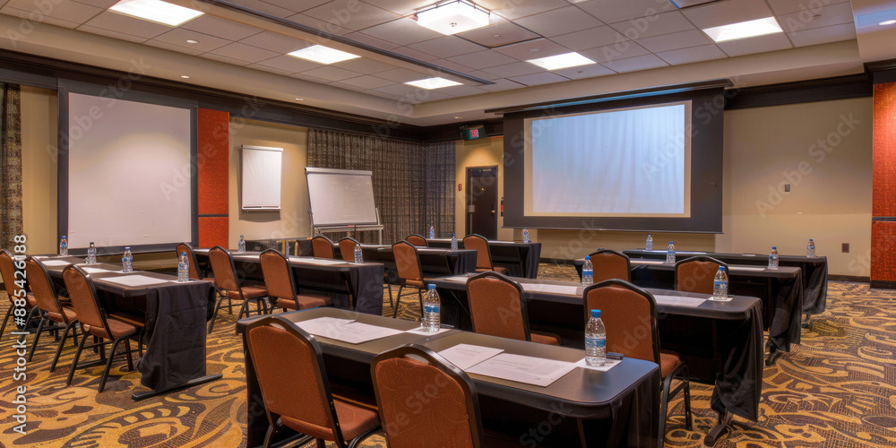 Poster modern conference room setup with projector and presentation screen