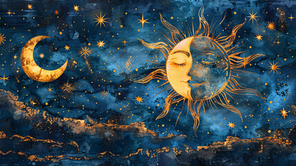 Boho nursery art featuring a watercolor sun and celestial elements for a modern home