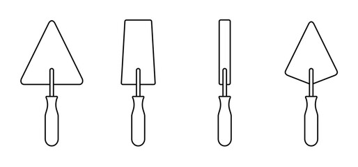 Cartoon masonry trowel, hand trowel for brickwork. Brick laying, brick wall and trowels. Construction vector icon or logo. Set of bricklayer and stucco trowels. Cement trowel, plastering trowel.