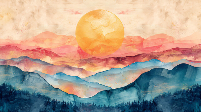 Boho watercolor sunset with pastel colors for modern nursery wall art