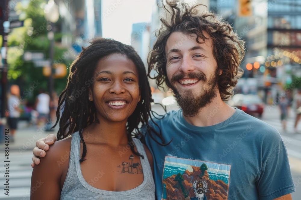 Wall mural portrait of a glad multiethnic couple in their 20s sporting a technical climbing shirt while standin