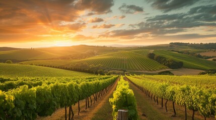 Fototapeta premium A lush vineyard with rolling hills under the sunset AI generated illustration