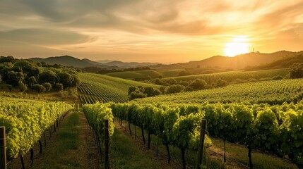 Fototapeta premium A lush vineyard with rolling hills under the sunset AI generated illustration