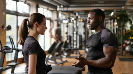 Motivated personal trainer guiding a client through a dynamic workout session in a modern gym setting