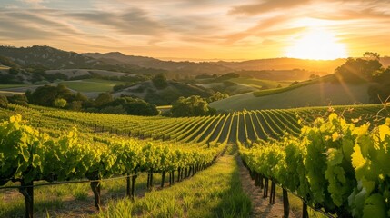 Fototapeta premium A lush vineyard with rolling hills under the sunset AI generated illustration