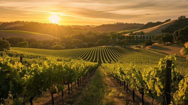 A lush vineyard with rolling hills under the sunset  AI generated illustration