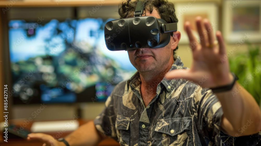 Poster Immersed in a Virtual World: Man Experiencing VR Simulation Through Goggles