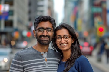 Portrait of a joyful indian couple in their 20s sporting a technical climbing shirt while standing against bustling city street background