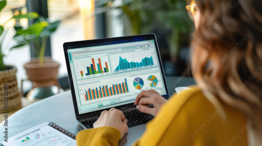 Aufkleber Businesswoman Analyzing Data on Laptop with Charts and Graphs in Office Setting