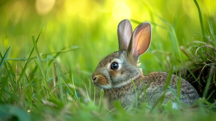 Fototapeta premium A macro rabbit sitting coily in its hole surrounded by blades of grass like towering trees AI generated illustration