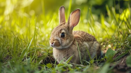 Fototapeta premium A macro rabbit sitting coily in its hole surrounded by blades of grass like towering trees AI generated illustration