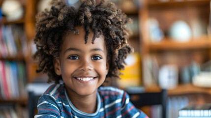 Child smiling at home with digital tools for internet-based learning and homework