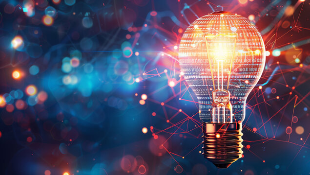 Image of a light bulb filled with digital elements (circuit patterns, binary code, etc.), with a small AI-generated logo around it.デジタル要素（回路パターンやバイナリーコードなど）で満たされた電球の画像、周囲に小さなAI生成のロゴ。Generative AI