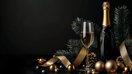 Beautiful Christmas background with a bottle of champagne, glasses with festive decorative elements, shiny golden balls, Christmas tree, ribbons and confetti. Merry Christmas and Happy New Year.