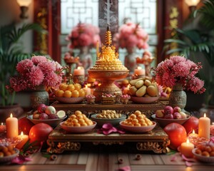 Serene Buddhist Altar: Hyper-Realistic 8K Image of Offering Fruits, Flowers, and Incense in Traditional Setting
