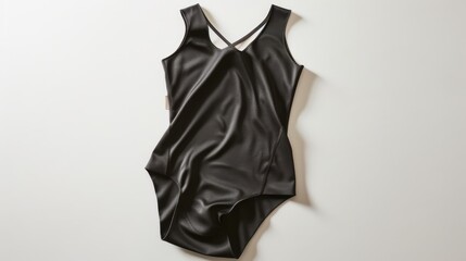 A sleek black leotard laid flat, showing off its simple yet refined design. Isolate white background