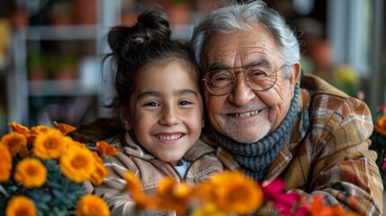 Obraz premium A joyful elderly man and a young girl smile warmly in a garden filled with vibrant flowers, capturing a moment of love and togetherness.