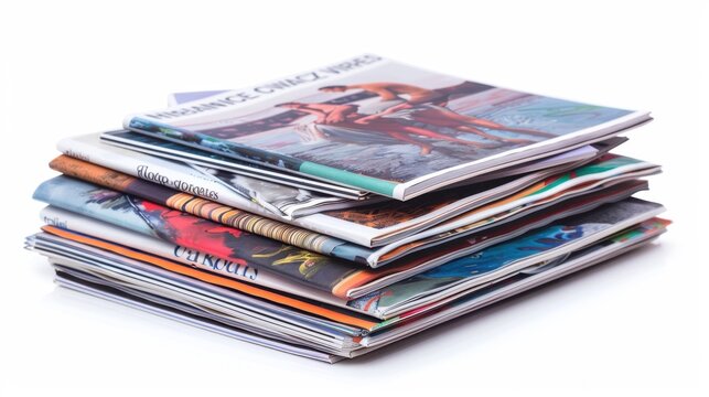 A stack of art magazines featuring the latest in contemporary art, interviews, and reviews, ready for reading, on an isolated white background
