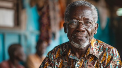 A man with glasses and a beard is wearing a colorful shirt
