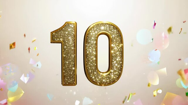 Golden number 10 on a background of confetti and gifts.
Concept: anniversary celebration, success achievement, party template