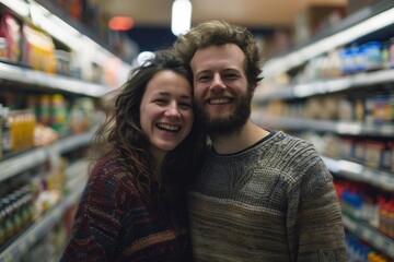 Fototapeta premium Portrait of a smiling couple in their 30s dressed in a warm wool sweater isolated on busy supermarket aisle background