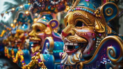 Fototapeta premium Colorful festive masks at a vibrant carnival parade, showcasing intricate designs and lively atmosphere, perfect for celebration and event themes.