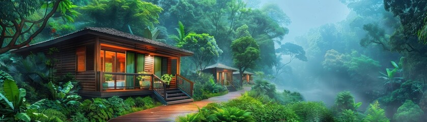 Fototapeta premium Lush green forest with ecofriendly wooden cabins, showcasing harmony with nature, sustainable living, ecofriendly architecture
