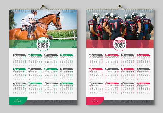 Calendar 2025 Layout with Red and Green Accents
