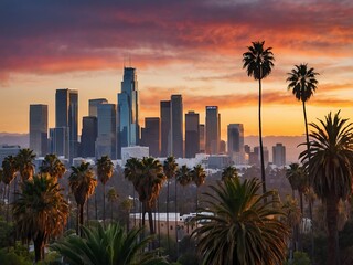 Picturesque sunset backdrop of Los Angeles downtown skyline and palm trees