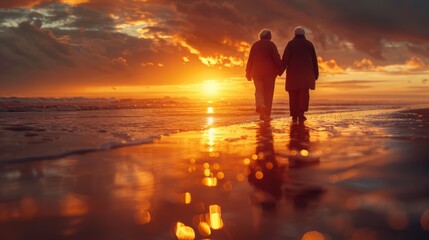 Elderly couple walking on the beach during a stunning sunset, reflecting lights on the wet sand, symbolizing love and companionship.
