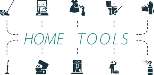 Home tools icons set. Creative icons: mop, window cleaning, steam ironing, cleaning toilet, gloves, vacuum mop, mixer, coffee machine, repairing, air freshener.
