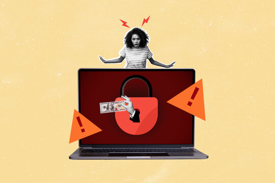 Composite photo collage of astonished american girl macbook problem lock antivirus hand hold bribe money isolated on painted background - Powered by Adobe