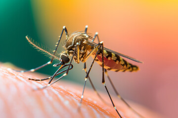 Naklejka premium Macro shot of a mosquito biting through human skin