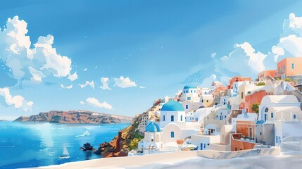 A picturesque, vibrant town on a cliff overlooking the azure sea under a sunny sky