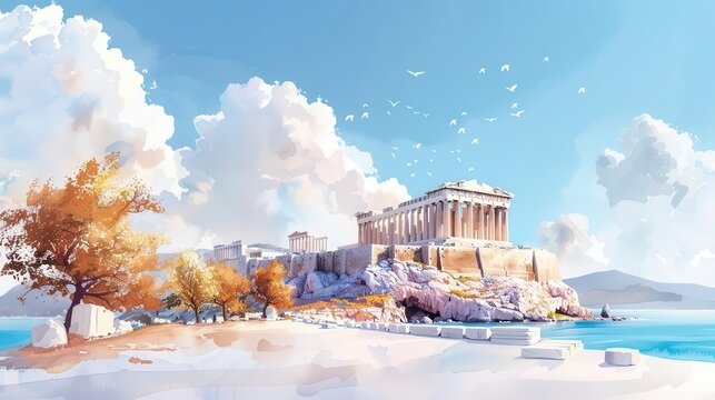 Stunning watercolor painting of the Acropolis in Athens, Greece.