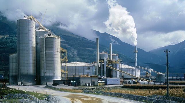 Modern Biomass Plant with Storage Silos and Processing Equipment in Industrial Facility