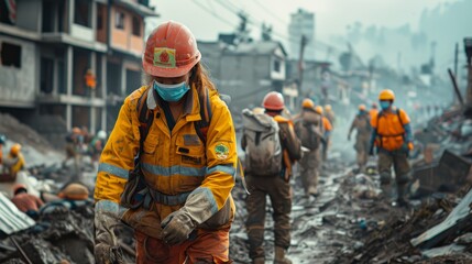 Obraz premium Rescue workers wearing safety gear search through debris after a natural disaster, showcasing their bravery and dedication to saving lives.